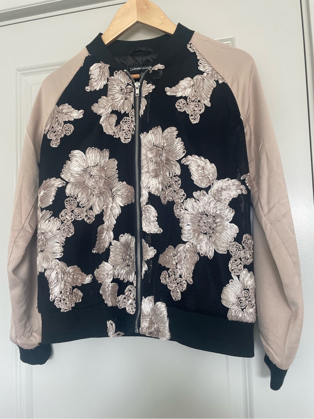 Catherine Malandrino Black Bomber Jacket with Cream Floral Appliqué